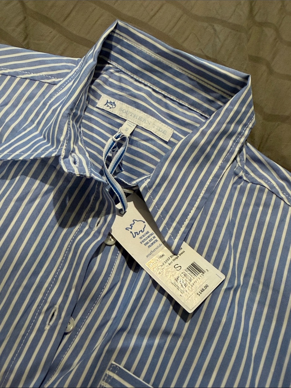 Southern Tide Blue and White Vertical Stripe Short-Sleeve Button-Down - Picture 2 of 7